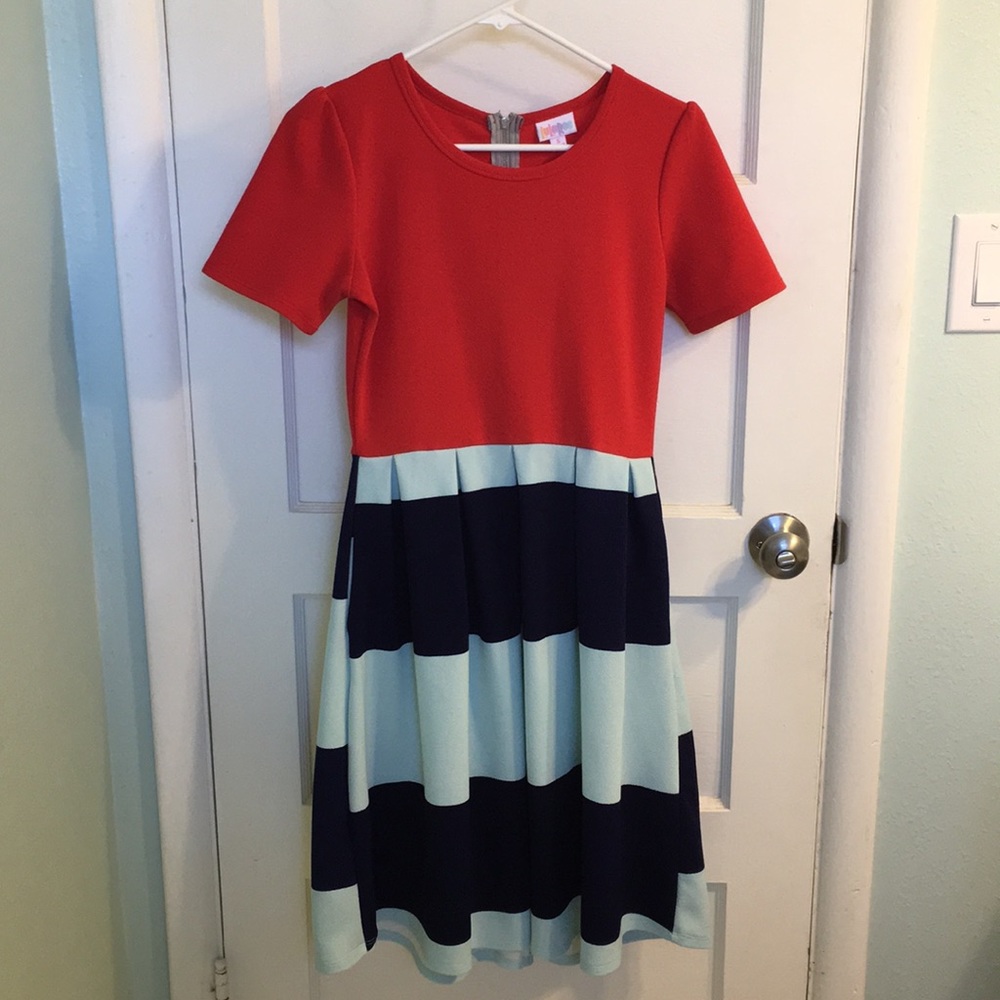 LuLaRoe block and striped Amelia dress